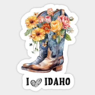 I Love Idaho Boho Cowboy Boots with Flowers Watercolor art Sticker